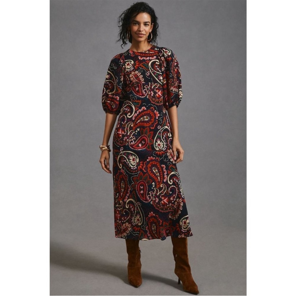 NWT Anthropologie Kachel Puff-Sleeve Dress XXS Midi $198 Paisley Satin Sheath